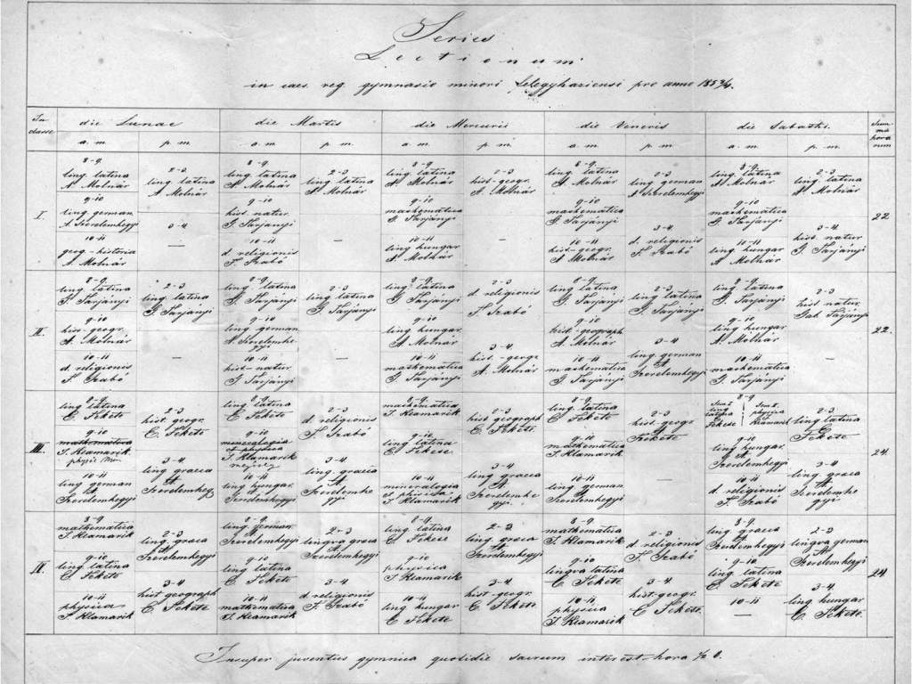 Titkok a levéltárból - Gimnáziumi órarend 1853/1854